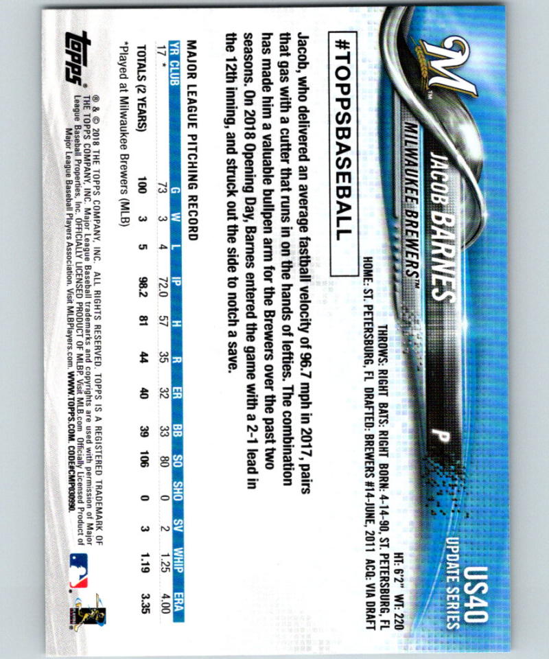 2018 Topps Update #US40 Jacob Barnes MINT RC Rookie 07282 Image 2