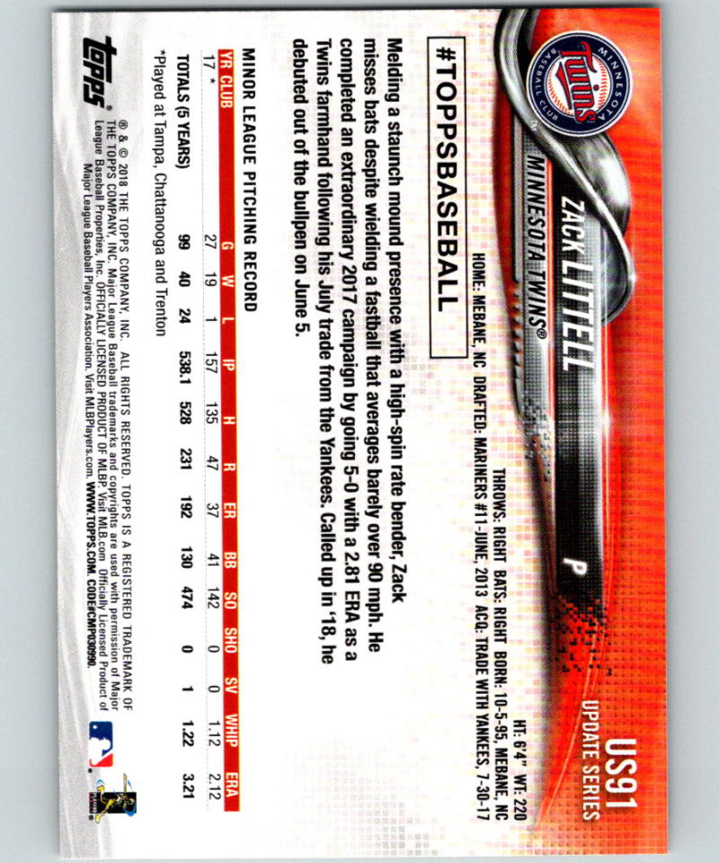 2018 Topps Update #US91 Zack Littell MINT RC Rookie 07290 Image 2