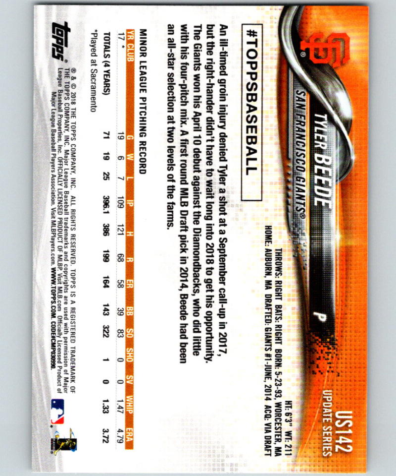 2018 Topps Update #US142 Tyler Beede MINT RC Rookie 07298 Image 2