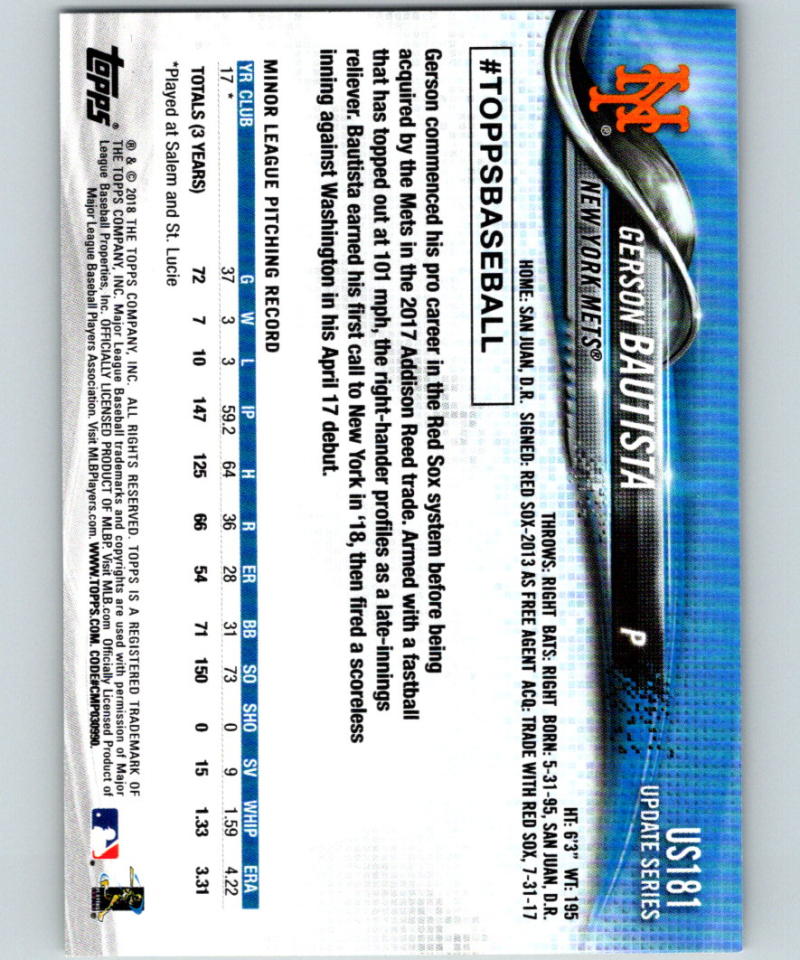 2018 Topps Update #US181 Gerson Bautista MINT RC Rookie 07305 Image 2