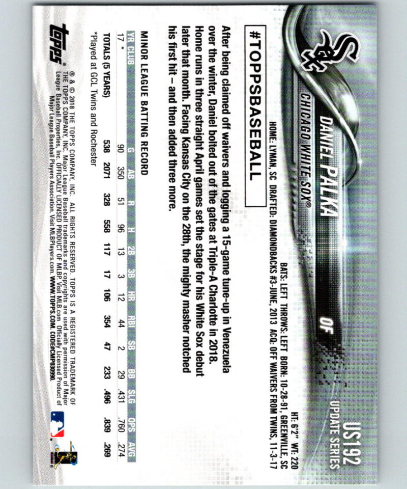 2018 Topps Update #US192 Daniel Palka MINT RC Rookie 07307 Image 2