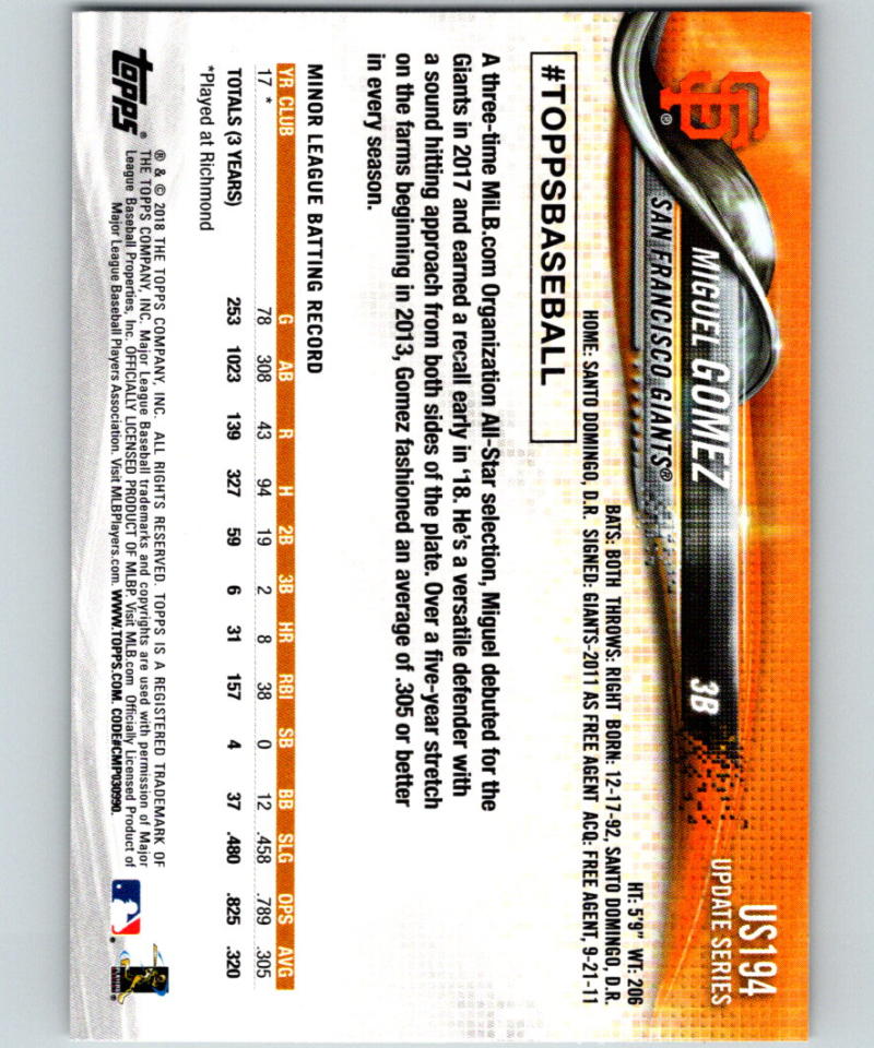 2018 Topps Update #US194 Miguel Gomez MINT RC Rookie 07308 Image 2