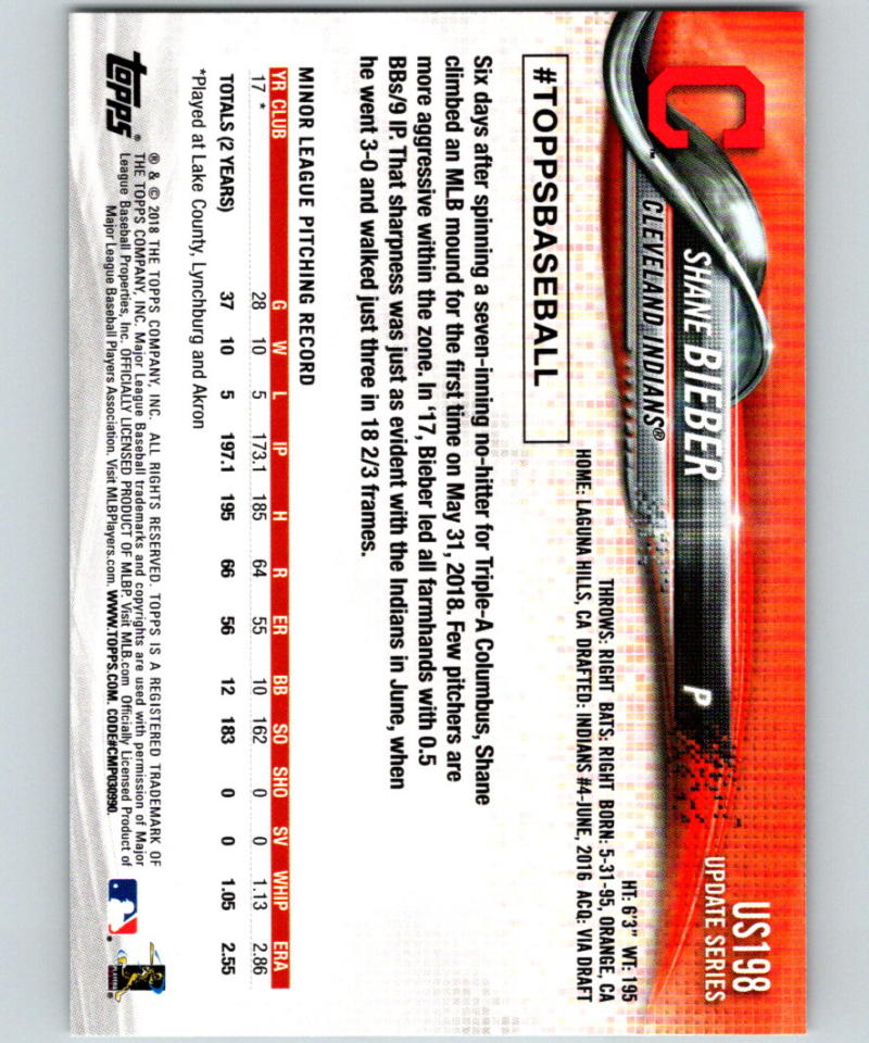 2018 Topps Update #US198 Shane Bieber MINT RC Rookie 07310