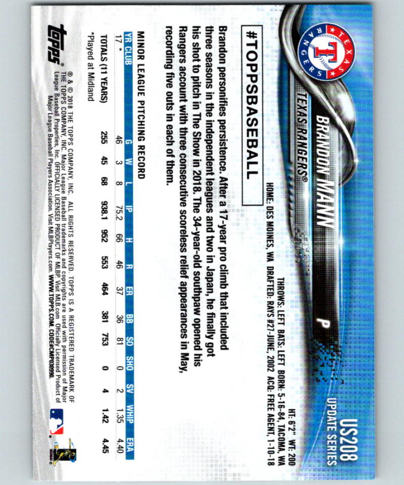 2018 Topps Update #US208 Brandon Mann MINT RC Rookie 07312 Image 2