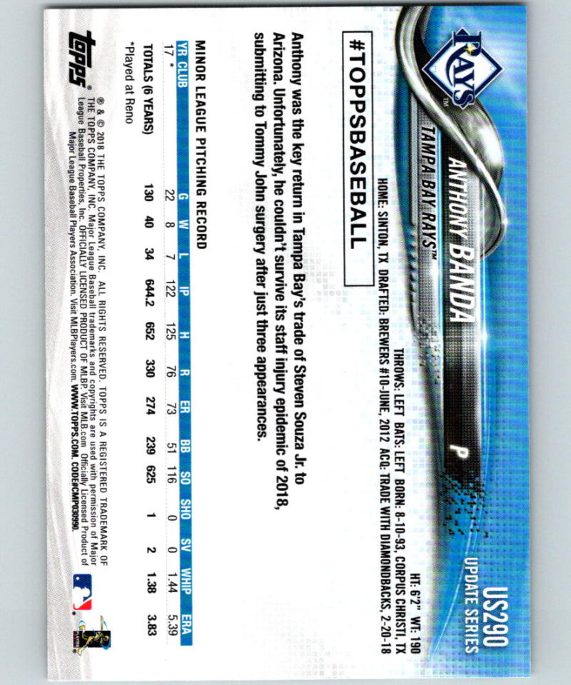 2018 Topps Update #US290 Anthony Banda MINT RC Rookie 07329 Image 2