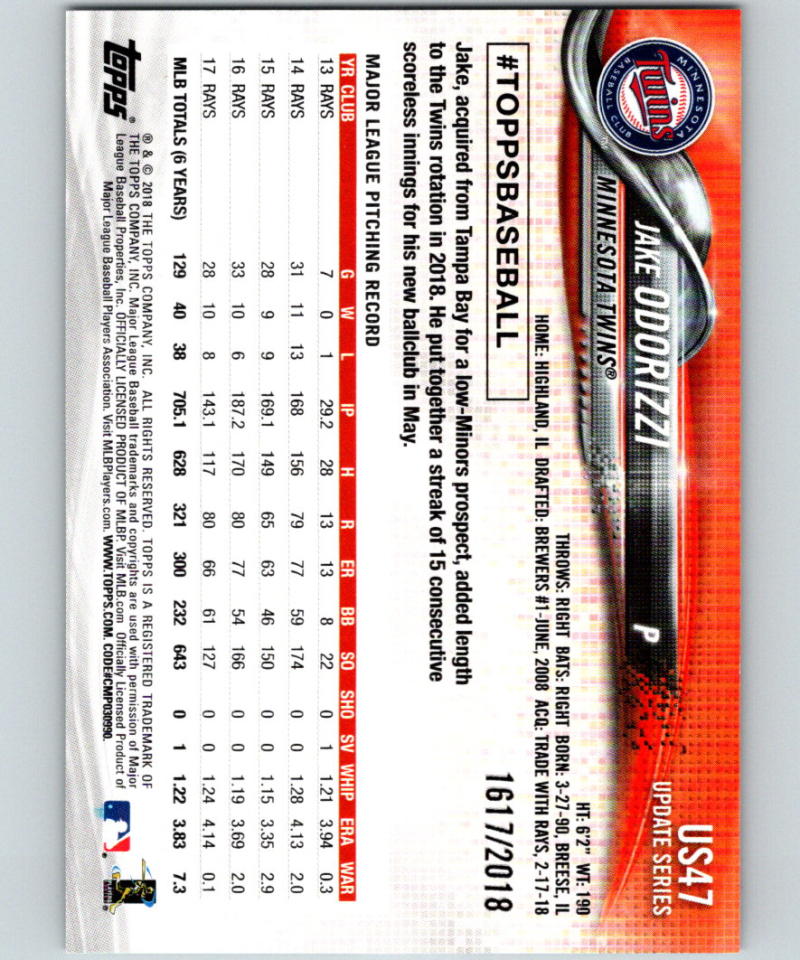 2018 Topps Update Gold #US47 Jake Odorizzi MINT 1617/2018 - 07332 Image 2