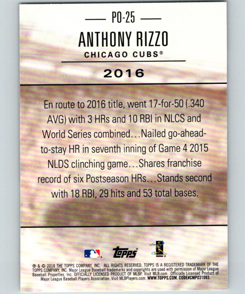 2018 Topps Update Postseason Preeminence #PO-25 Anthony Rizzo MINT 07383 Image 2