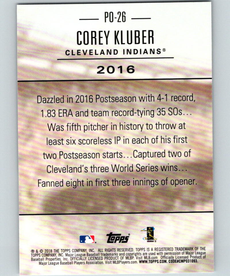2018 Topps Update Postseason Preeminence #PO-26 Corey Kluber MINT 07384 Image 2
