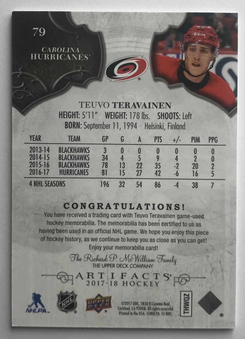 2017-18 Upper Deck Artifacts Material Silver Teuvo Teravainen 74/165 Jersey 07399