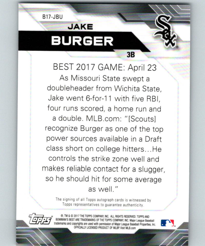 2017 Bowman's Best of 2017 Autographs Jake Burger Auto Sox 07414