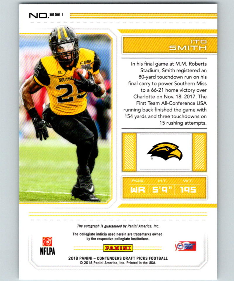 2018 Panini Contenders Draft Picks #291 Ito Smith AU Rookie RC 07433 Image 2
