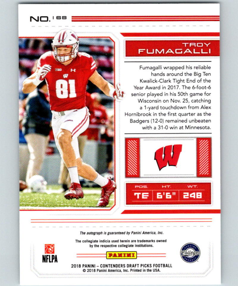 2018 Panini Contenders Draft Picks #168 Troy Fumagalli AU Rookie RC 07434 Image 2