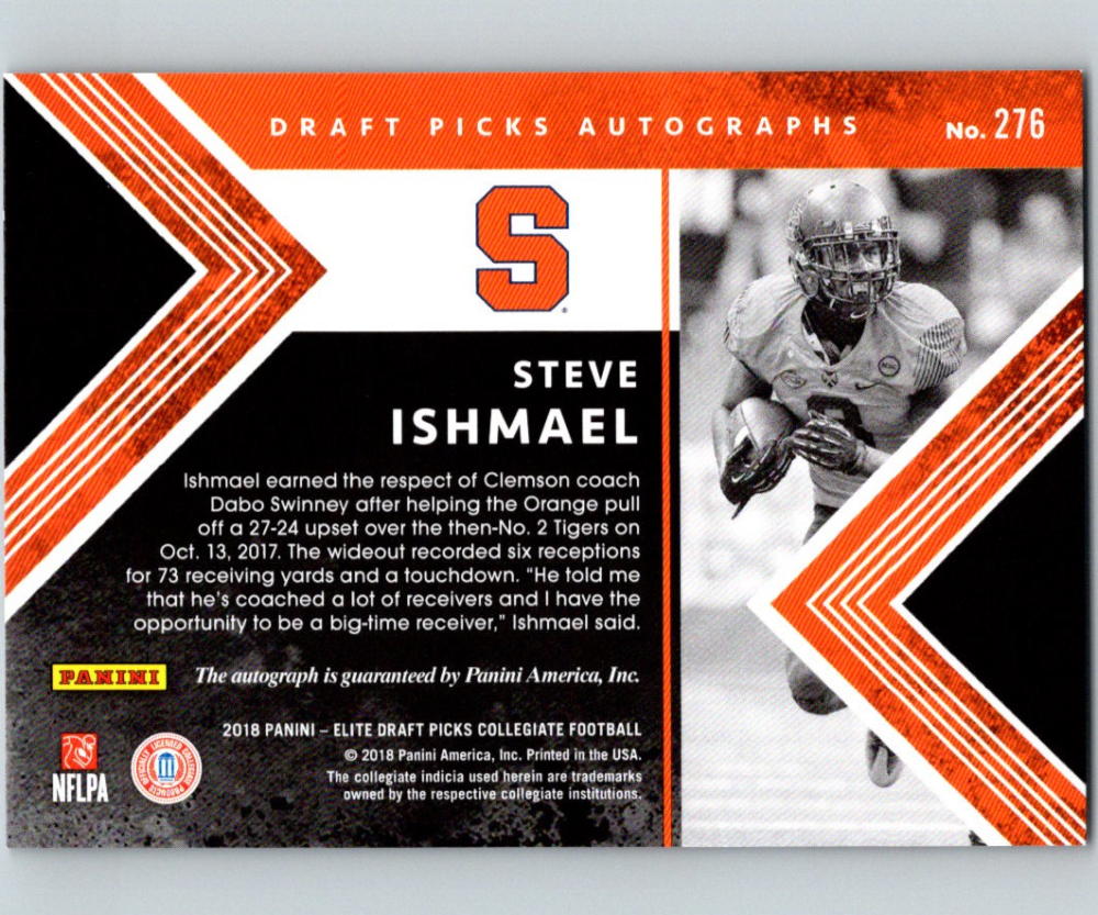 2018 Panini Elite Draft Picks Autographs Steve Ishmael Auto RC 07441