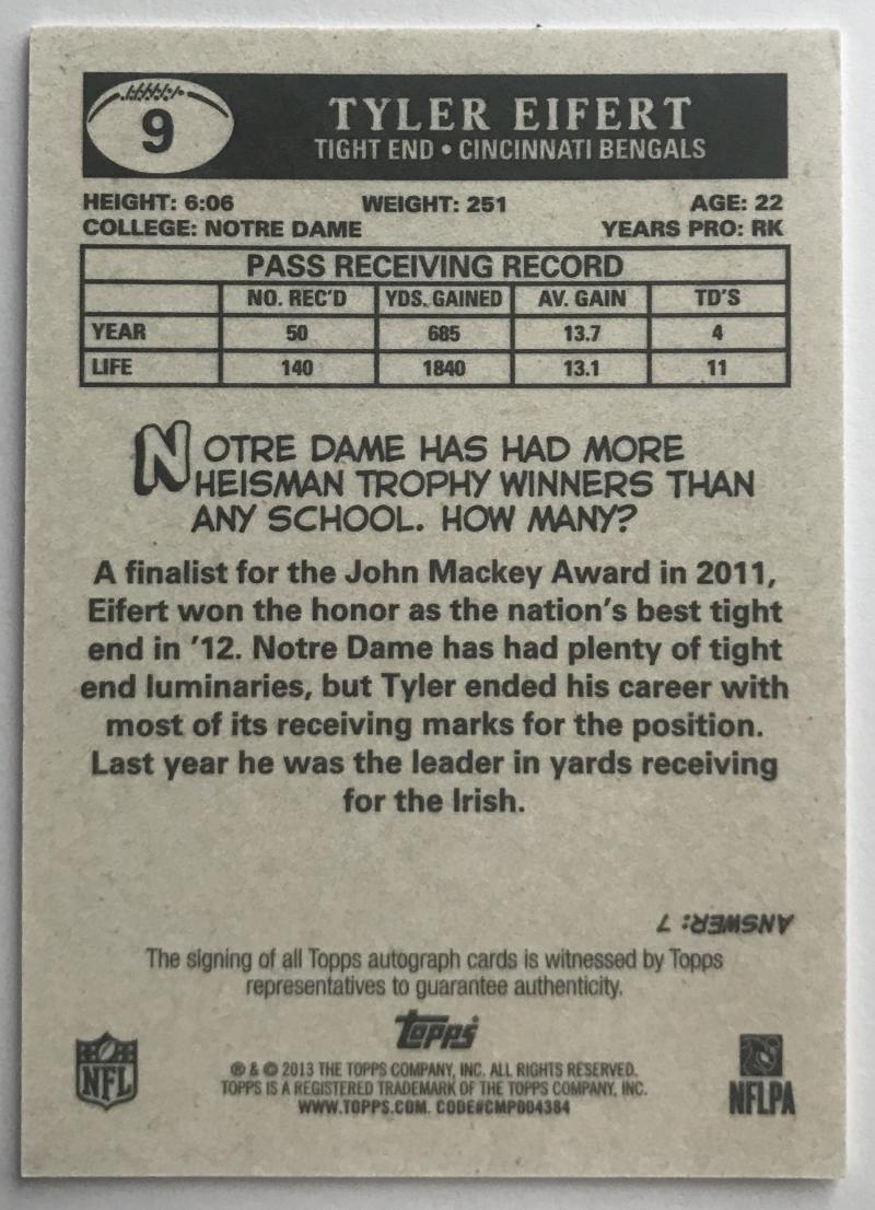 2013 Topps 1959 Mini Autographs #9 Tyler Eifert Mint Auto RC Rookie 07443
