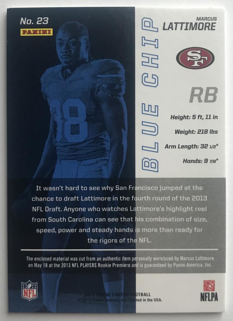 2013 Panini Limited Blue Chip Jerseys Marcus Lattimore 1/99 Mint 07449 Image 2