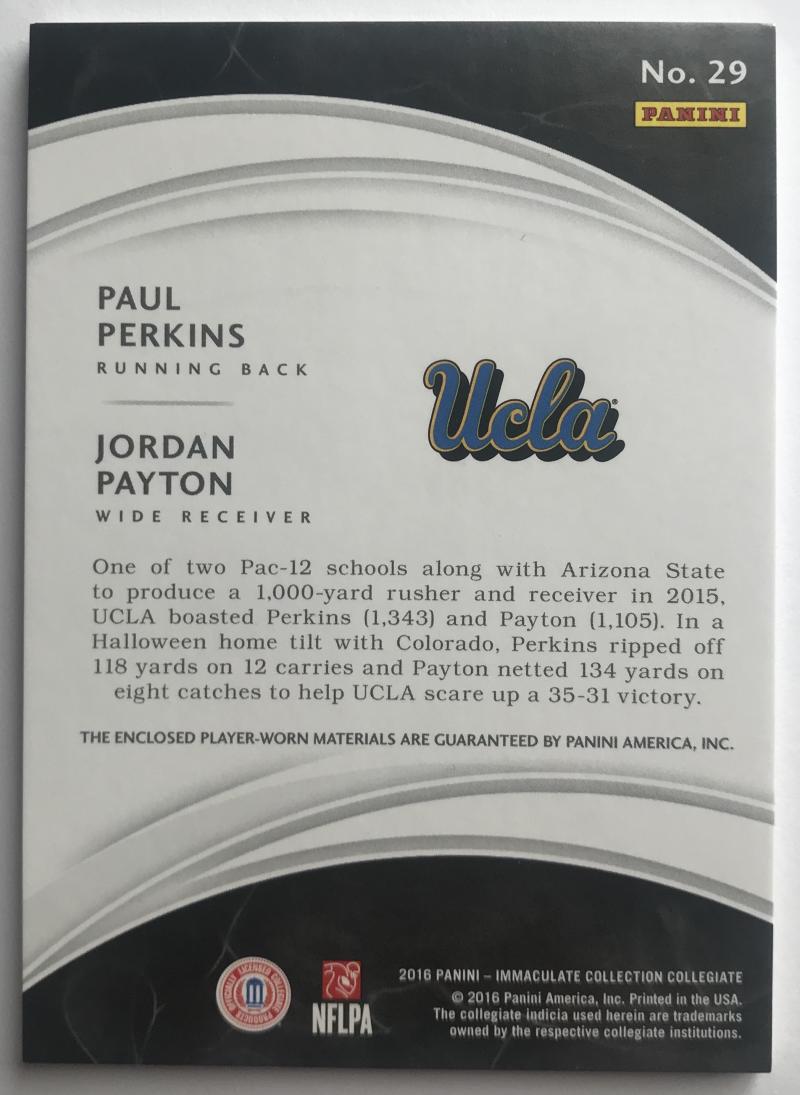 2016 Immaculate Collection Collegiate Material Combos Payton/ Perkins 55/99 07450 Image 2