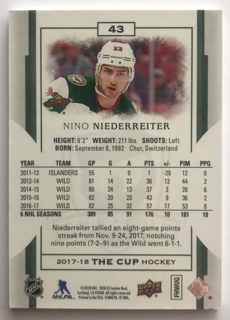 2017-18 The Cup #43 Nino Niederreiter 32/249 Base Card Wild 07457