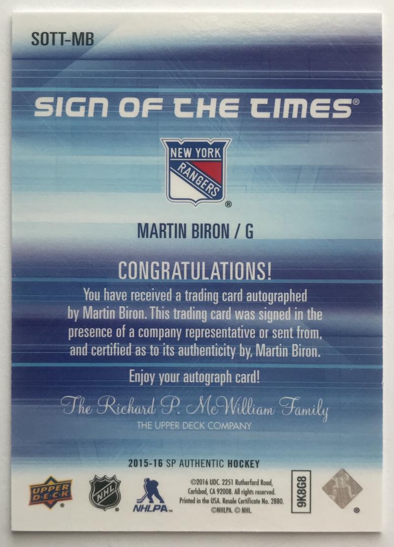 2015-16 SP Authentic Signs of the Times Martin Biron Auto 07463