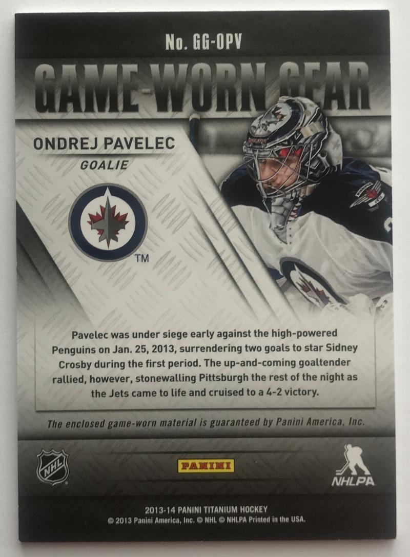 2013-14 Panini Titanium Game Worn Gear Ondrej Pavelec Jersey 07471 Image 2