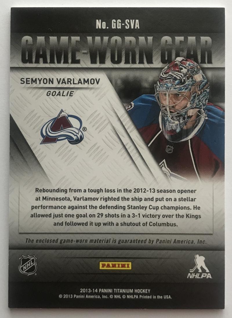 2013-14 Panini Titanium Game Worn Gear Semyon Varlamov Jersey 07472
