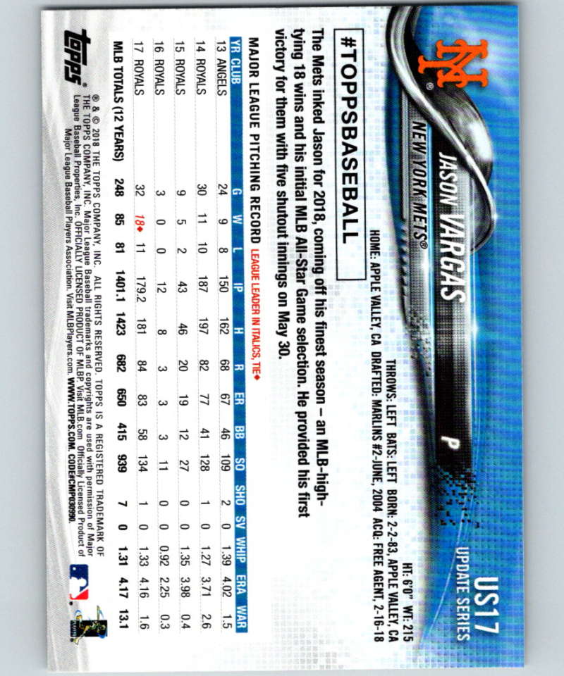 2018 Topps Update #US17 Jason Vargas Like New New York Mets Image 2