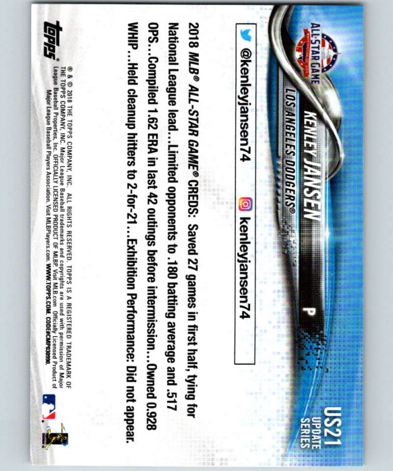 2018 Topps Update #US21 Kenley Jansen Like New Los Angeles Dodgers Image 2