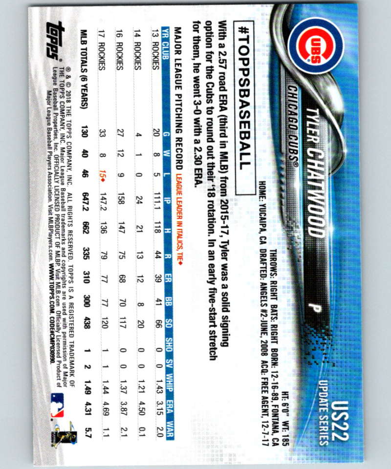 2018 Topps Update #US22 Tyler Chatwood Like New Chicago Cubs Image 2
