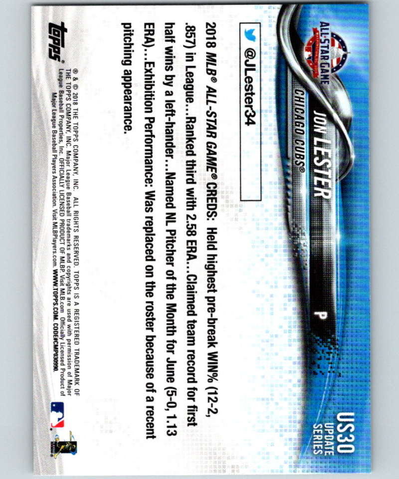 2018 Topps Update #US30 Jon Lester Like New Chicago Cubs Image 2