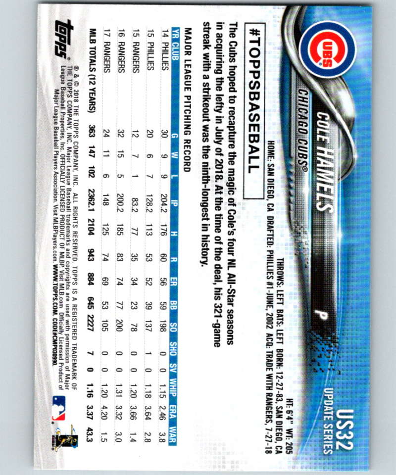 2018 Topps Update #US32 Cole Hamels Like New Chicago Cubs Image 2