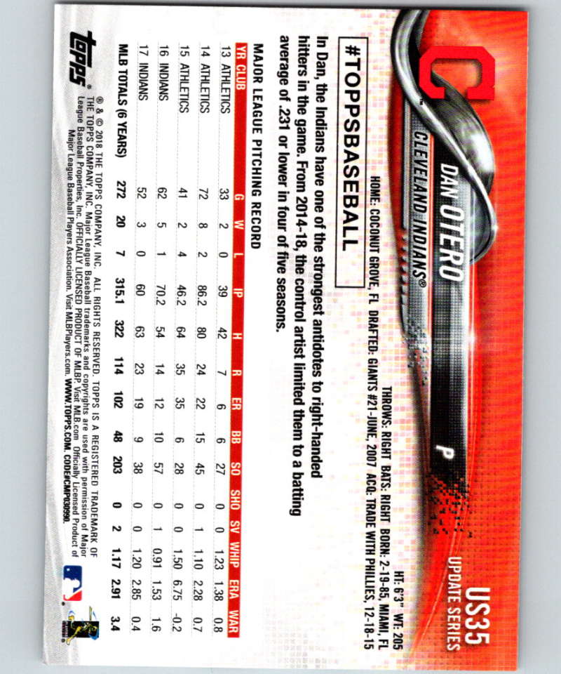 2018 Topps Update #US35 Dan Otero Like New Cleveland Indians Image 2