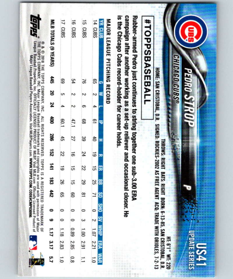 2018 Topps Update #US41 Pedro Strop Like New Chicago Cubs Image 2