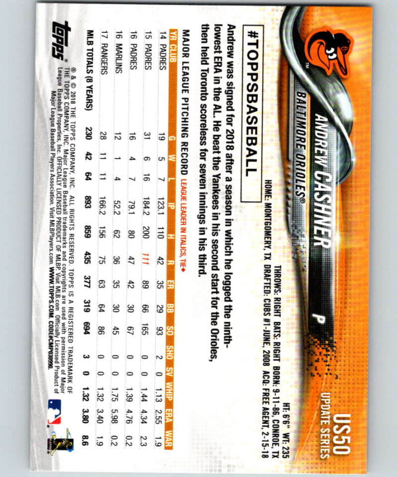 2018 Topps Update #US50 Andrew Cashner Like New Baltimore Orioles Image 2