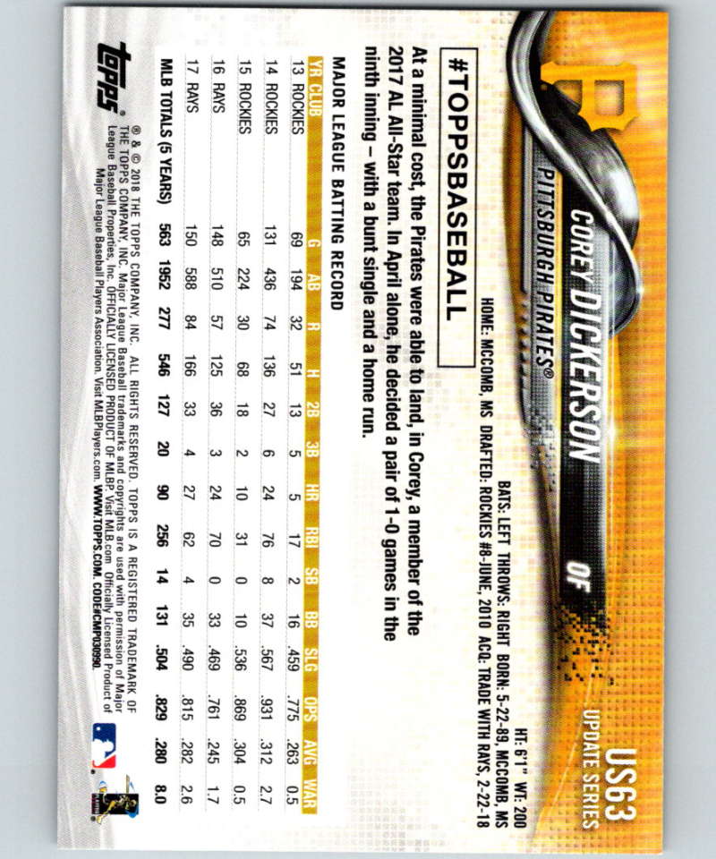 2018 Topps Update #US63 Corey Dickerson Like New Pittsburgh Pirates Image 2