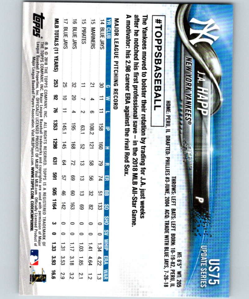 2018 Topps Update #US75 J.A. Happ Like New New York Yankees Image 2