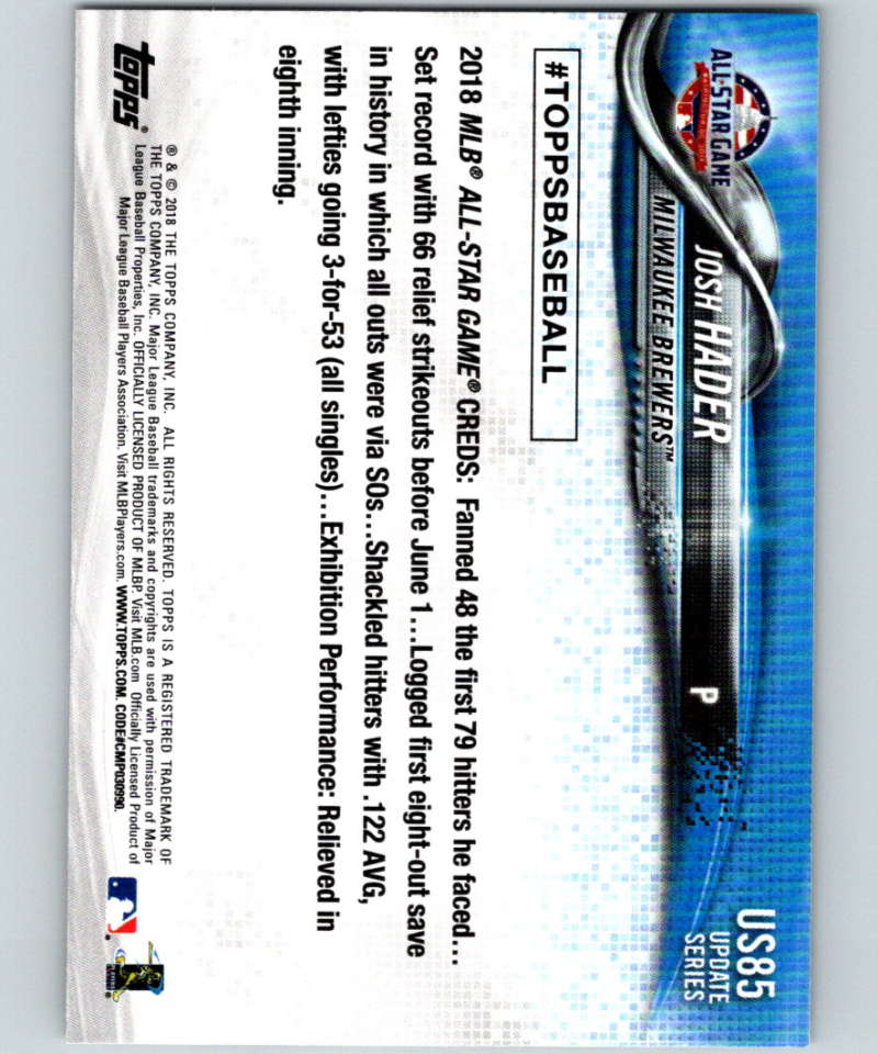 2018 Topps Update #US85 Josh Hader Like New Milwaukee Brewers Image 2