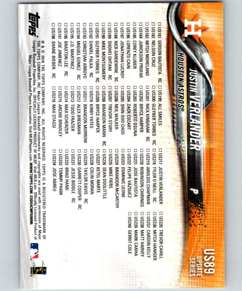 2018 Topps Update #US89 Justin Verlander Like New Houston Astros Image 2