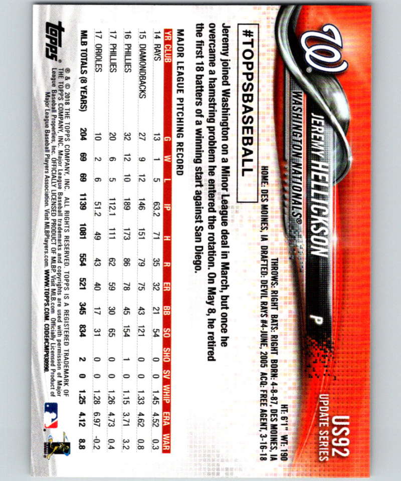 2018 Topps Update #US92 Jeremy Hellickson Like New Washington Nationals Image 2