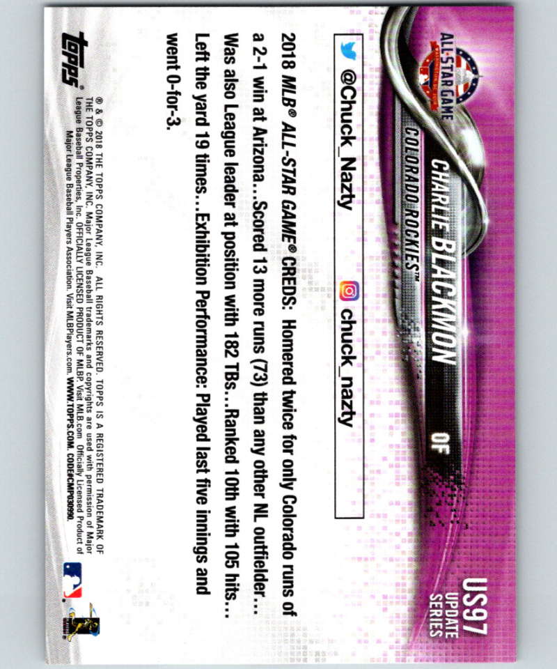 2018 Topps Update #US97 Charlie Blackmon Like New Colorado Rockies Image 2