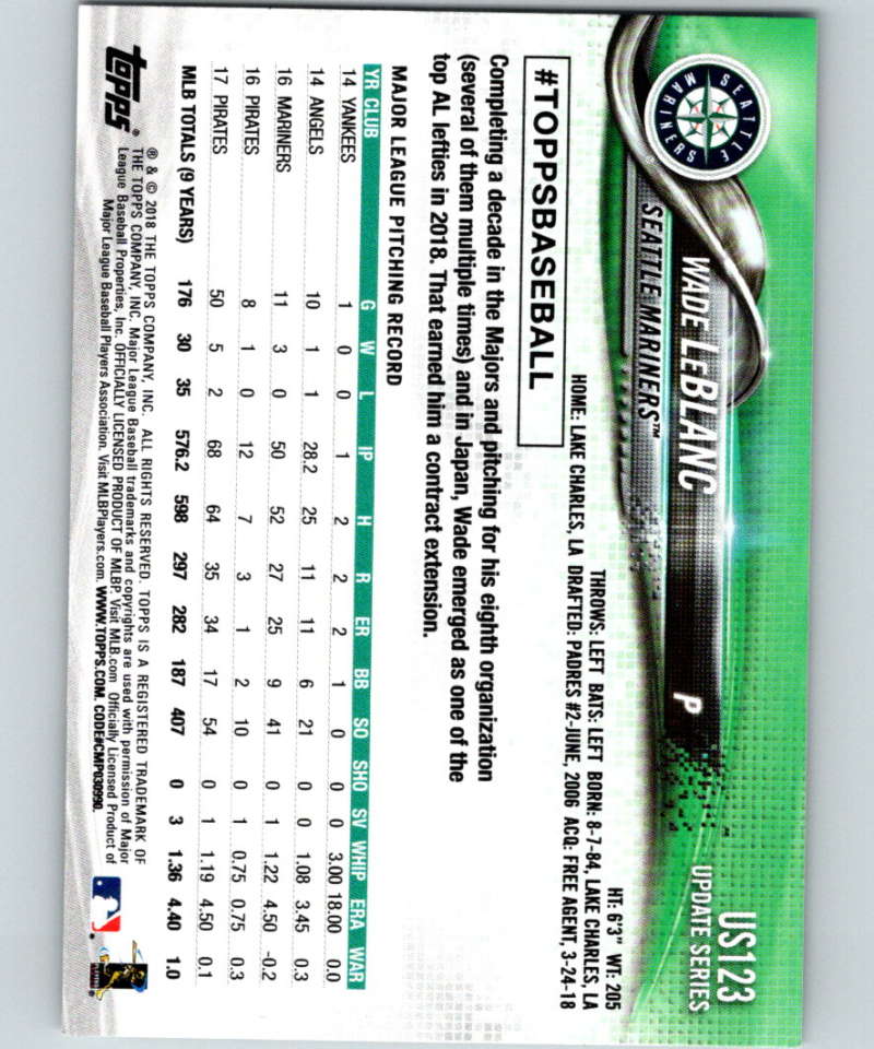 2018 Topps Update #US123 Wade LeBlanc Like New Seattle Mariners Image 2