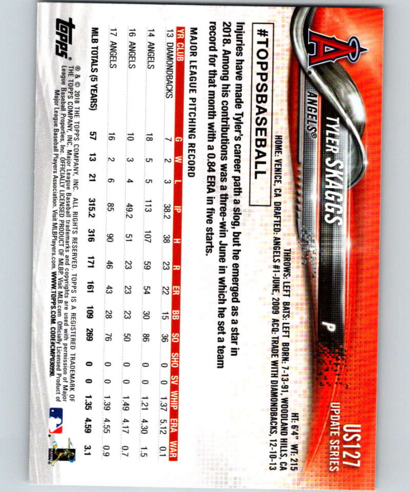 2018 Topps Update #US127 Tyler Skaggs Like New Los Angeles Angels Image 2