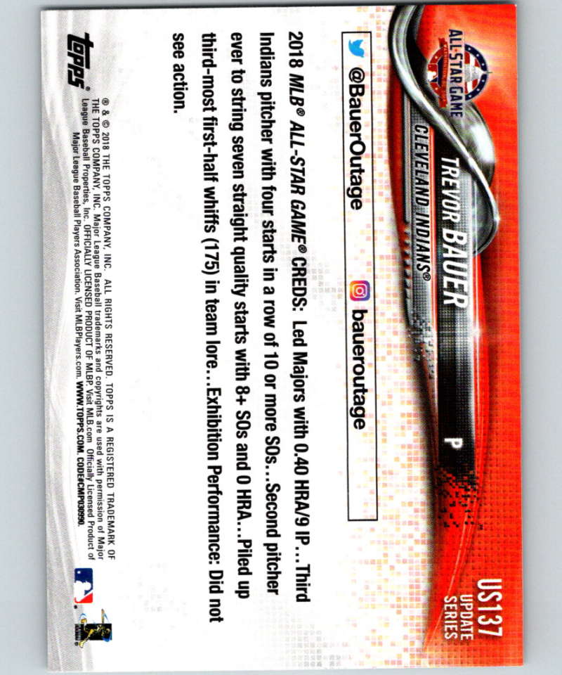 2018 Topps Update #US137 Trevor Bauer Like New Cleveland Indians Image 2