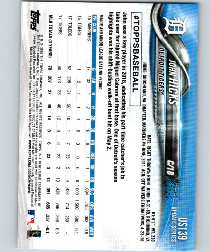 2018 Topps Update #US139 John Hicks Like New Detroit Tigers Image 2