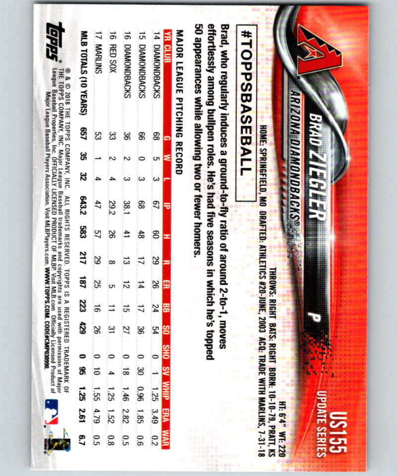 2018 Topps Update #US155 Brad Ziegler Like New Arizona Diamondbacks Image 2