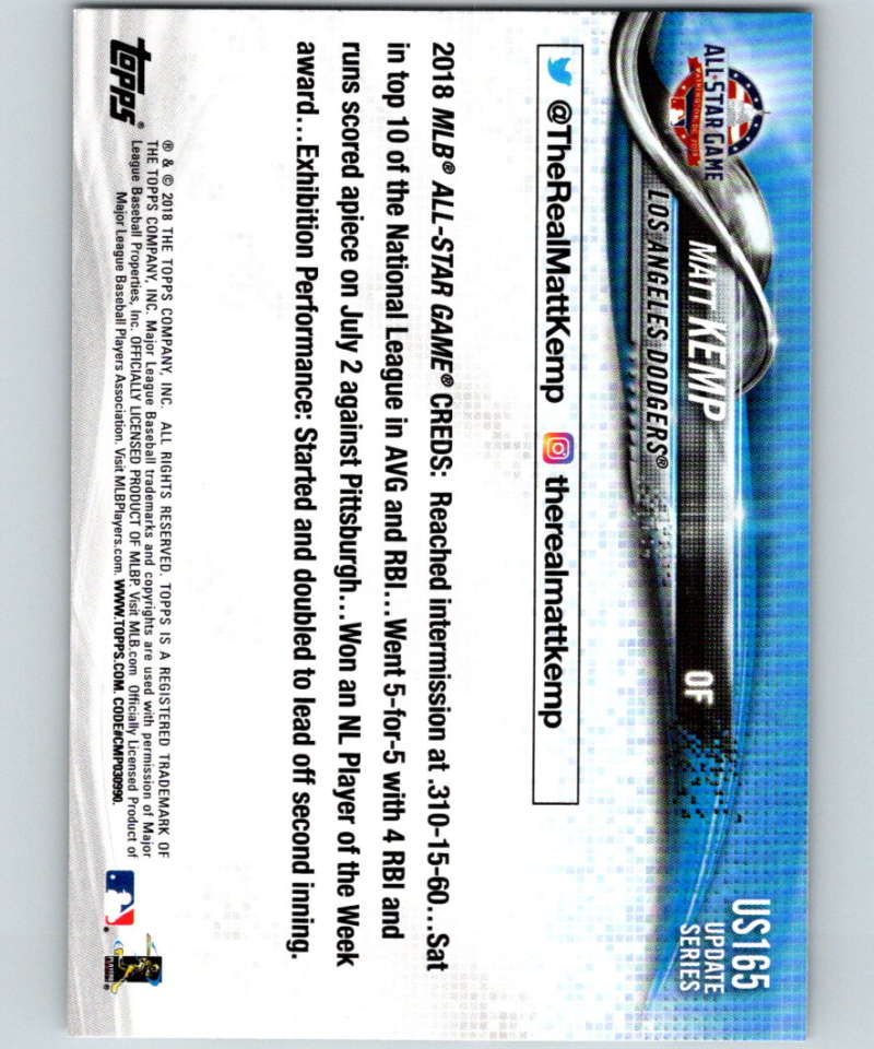 2018 Topps Update #US165 Matt Kemp Like New Los Angeles Dodgers Image 2