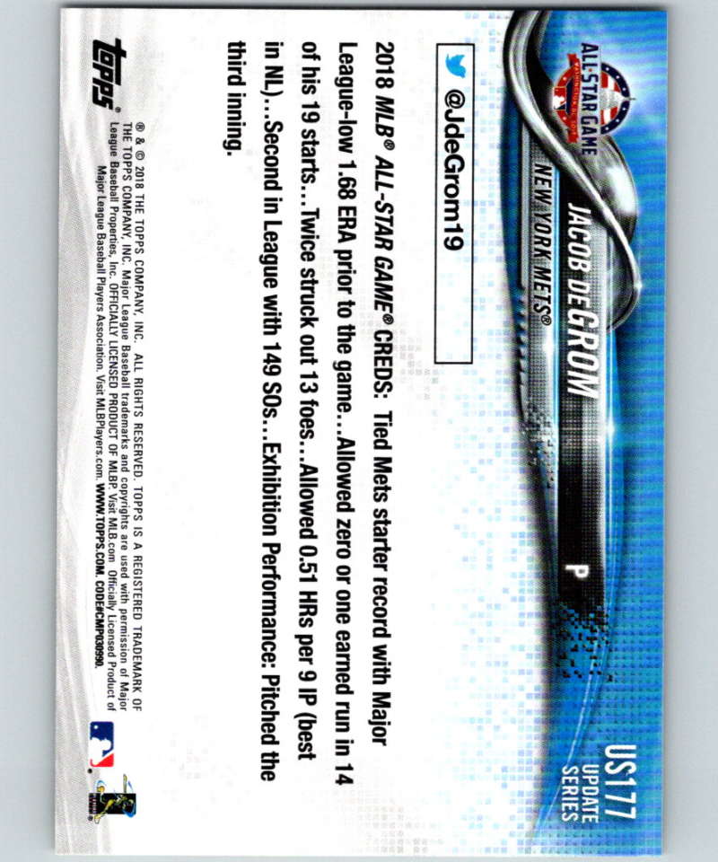 2018 Topps Update #US177 Jacob deGrom Like New New York Mets Image 2