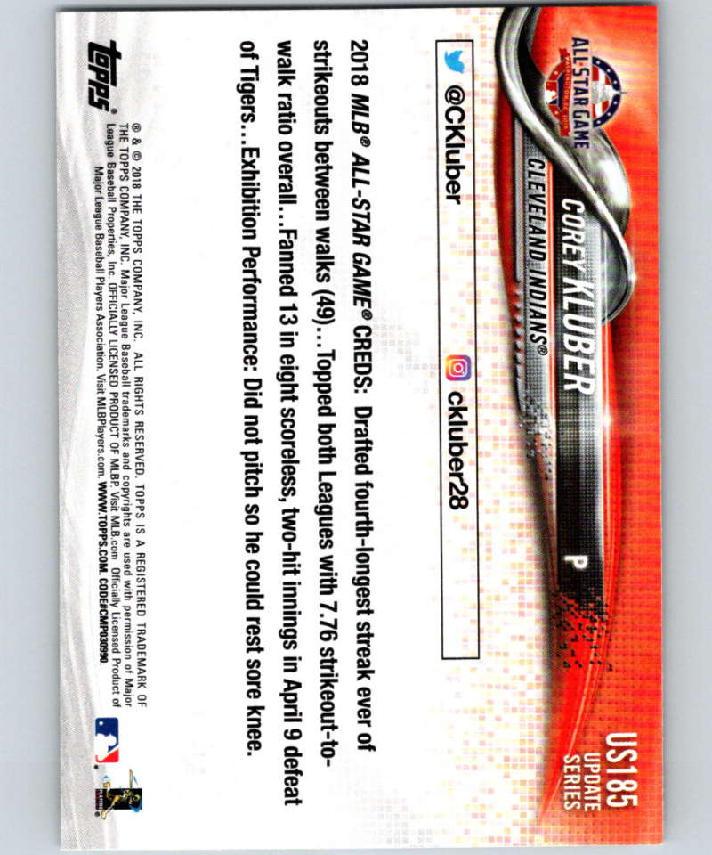 2018 Topps Update #US185 Corey Kluber Like New Cleveland Indians Image 2