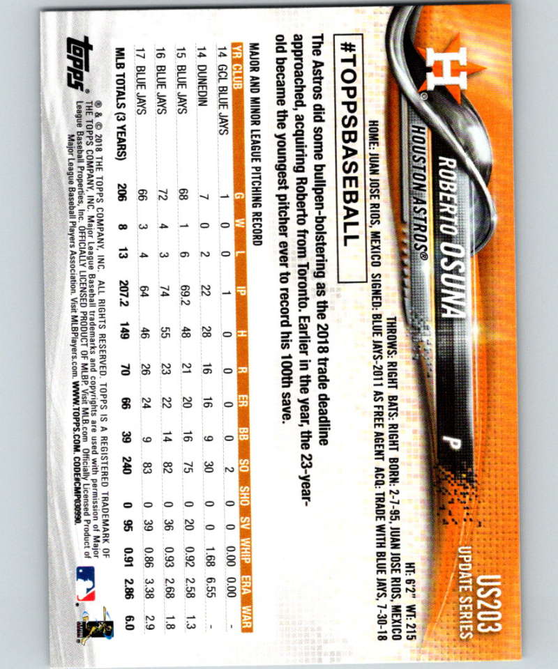 2018 Topps Update #US203 Roberto Osuna Like New Houston Astros Image 2