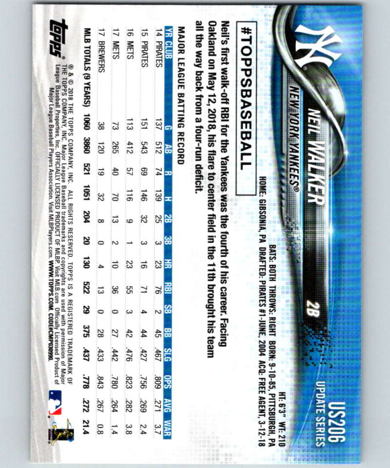 2018 Topps Update #US206 Neil Walker Like New New York Yankees Image 2