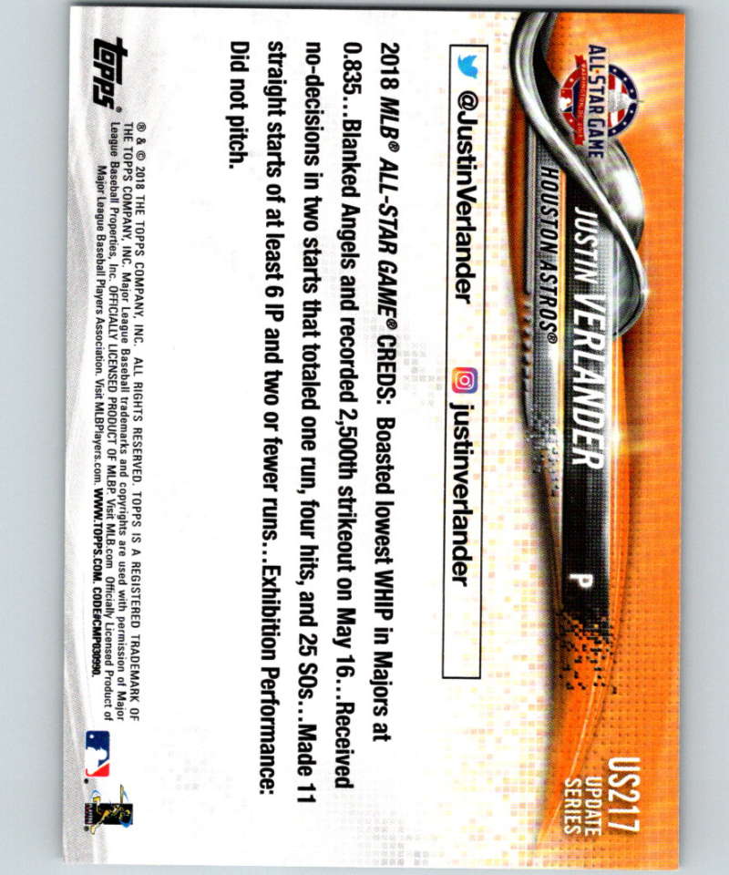 2018 Topps Update #US217 Justin Verlander Like New Houston Astros Image 2