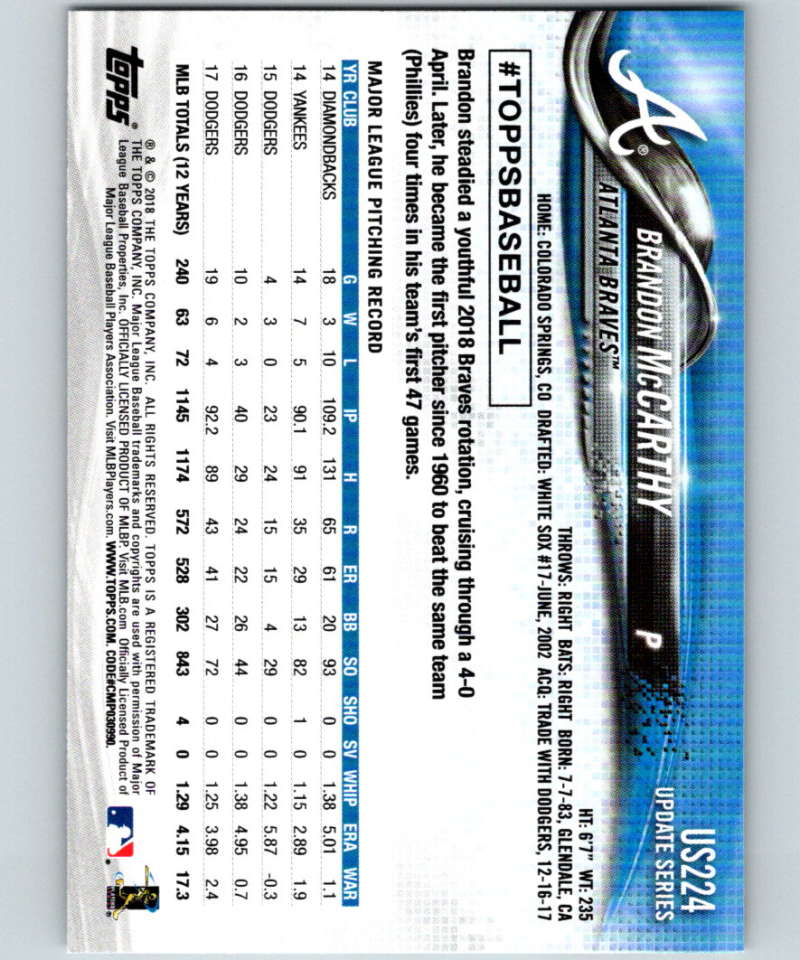 2018 Topps Update #US224 Brandon McCarthy Like New Atlanta Braves Image 2